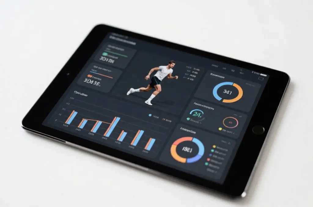 A modern sports analytics interface on a tablet screen showing player fitness data and neutral status charts